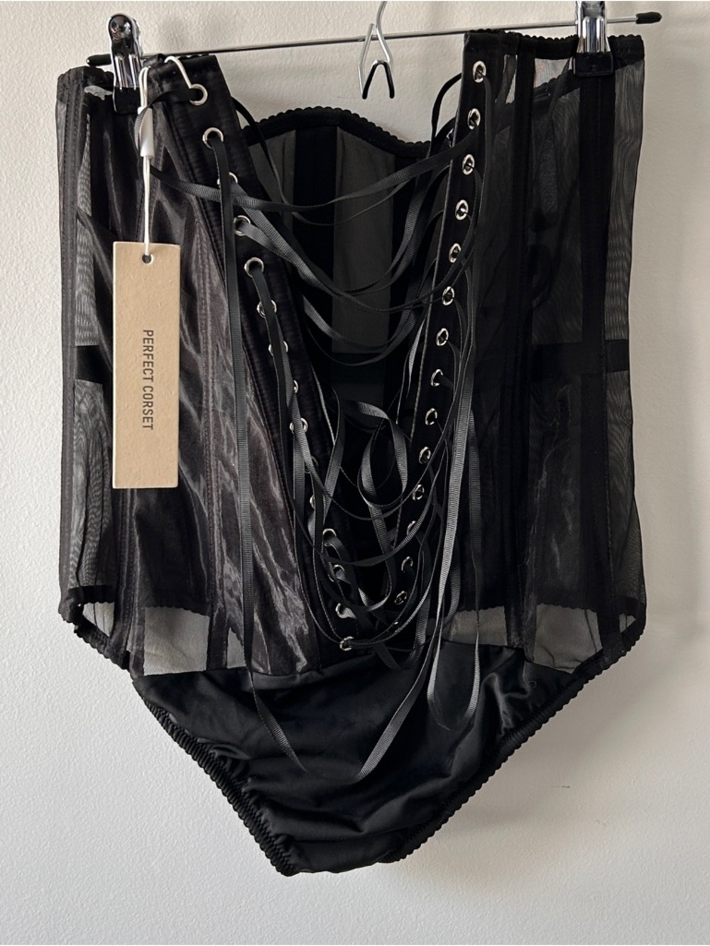 Perfect Corset Women’s Large Black Sheer Lace up Shapewear Bodysuit Hook & Eye